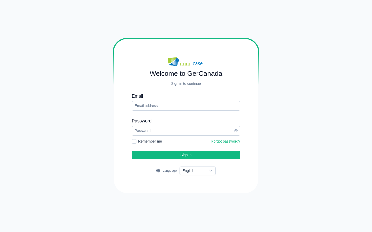 Screenshot: sign-in screen with email and password fields, language selector at the bottom