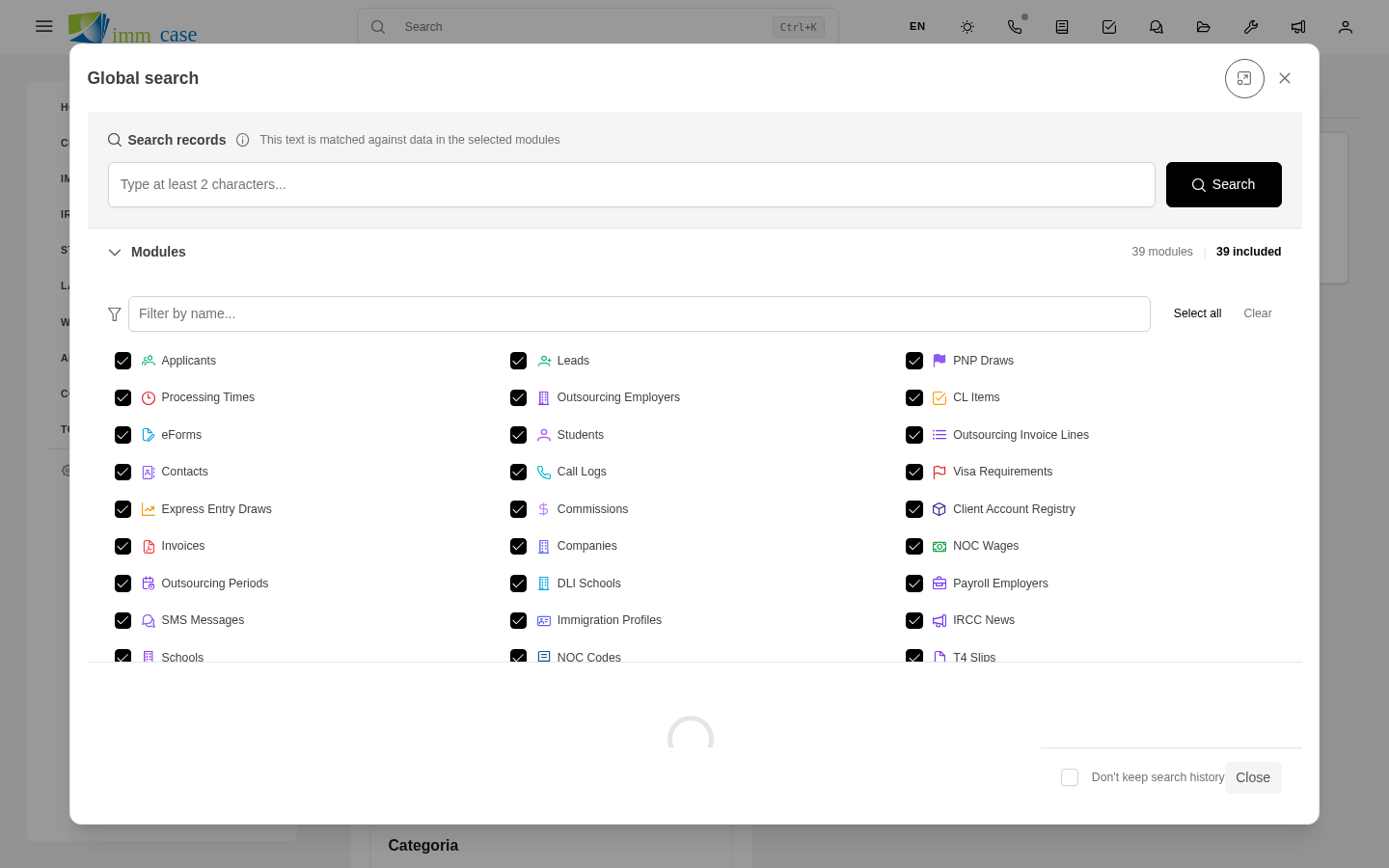 Screenshot: global search panel showing results from several modules