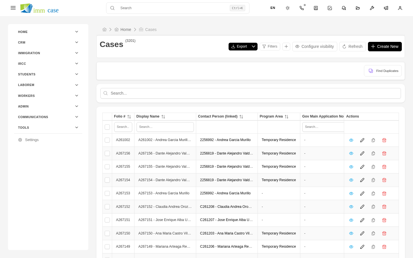 Screenshot: kanban view of the Cases module with cards in stage columns