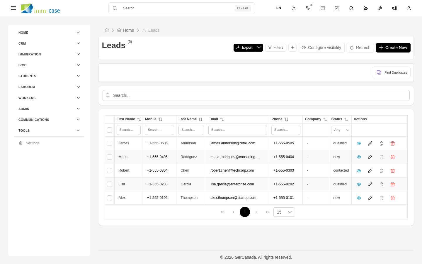 Screenshot: kanban view of Leads with columns per funnel status