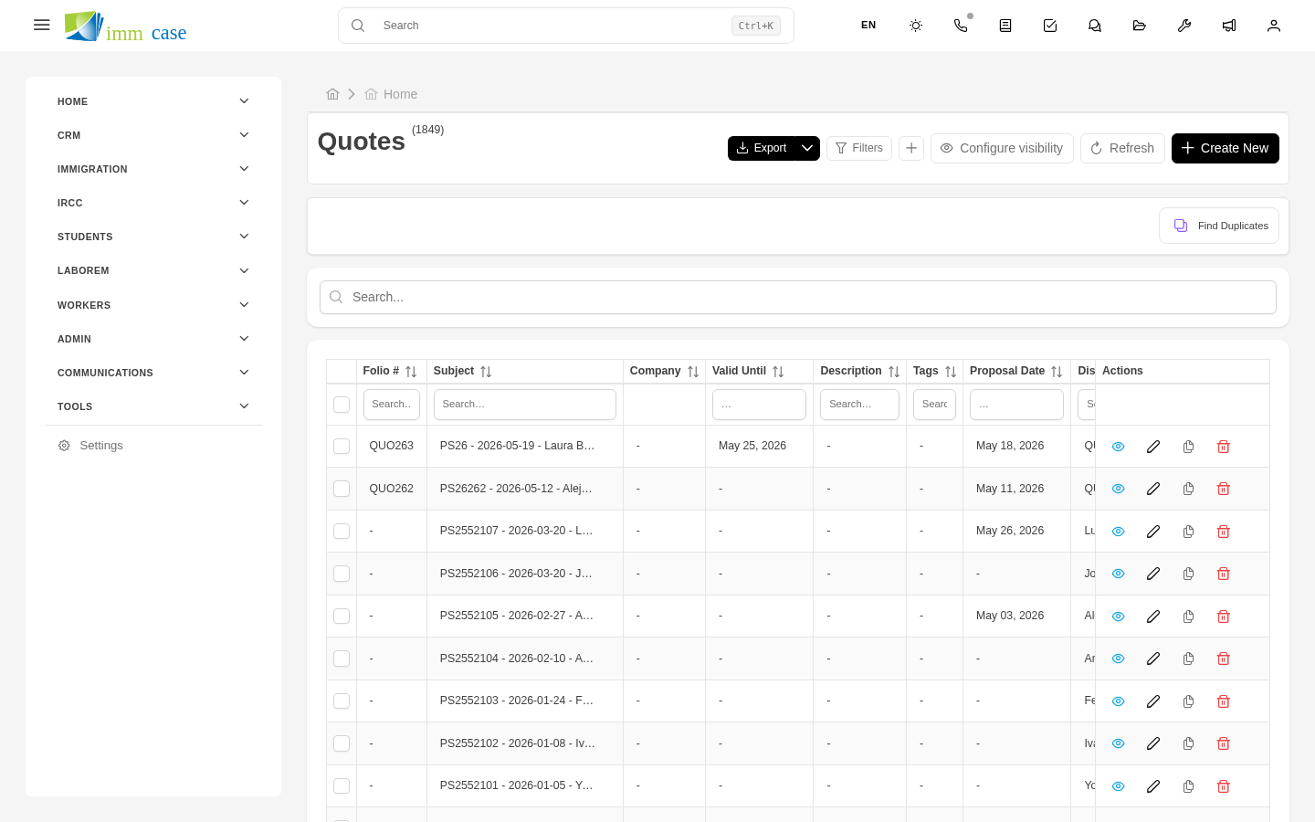 Screenshot: quote form with line items, totals, and terms
