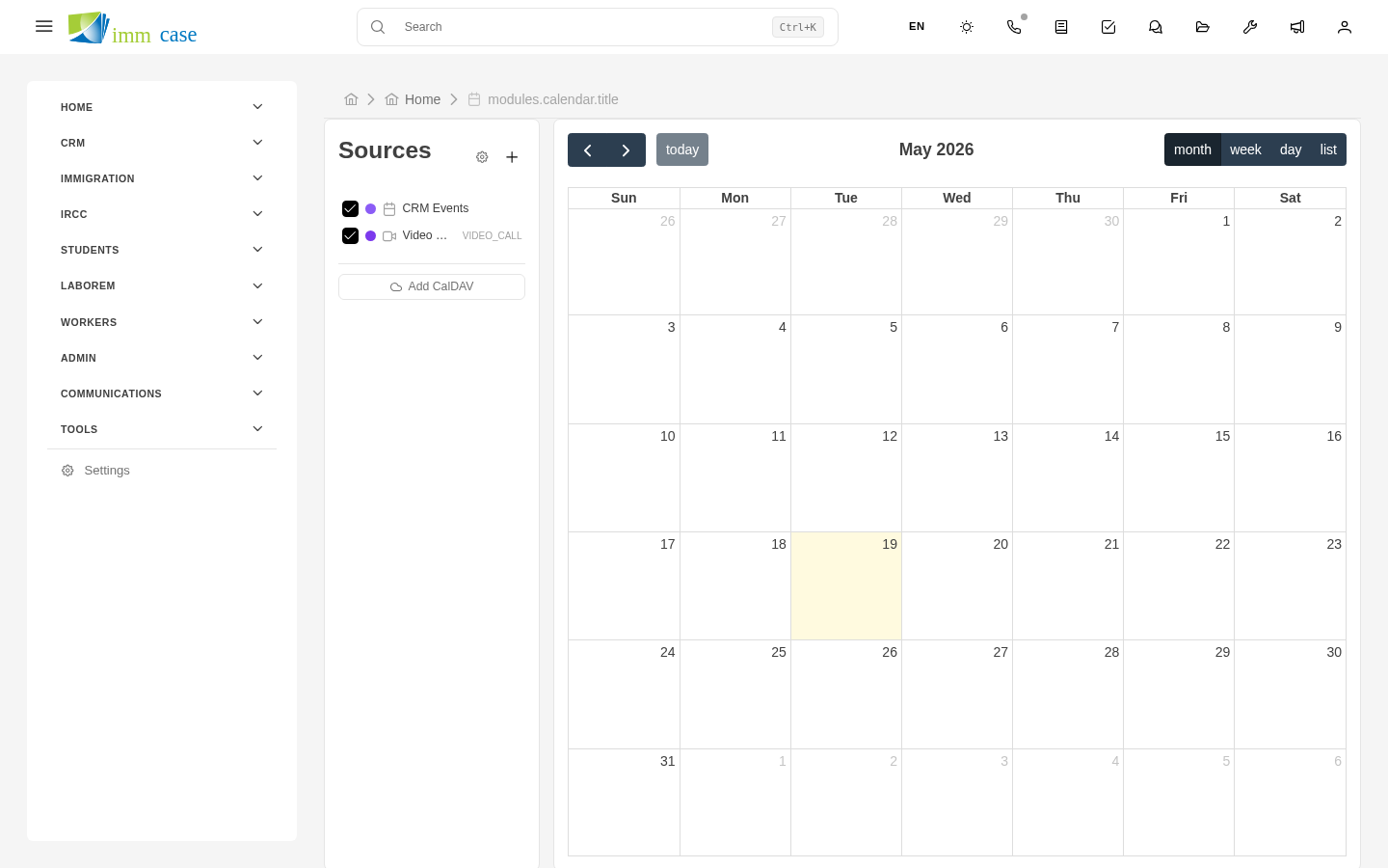 Screenshot: monthly calendar view with events colored by type
