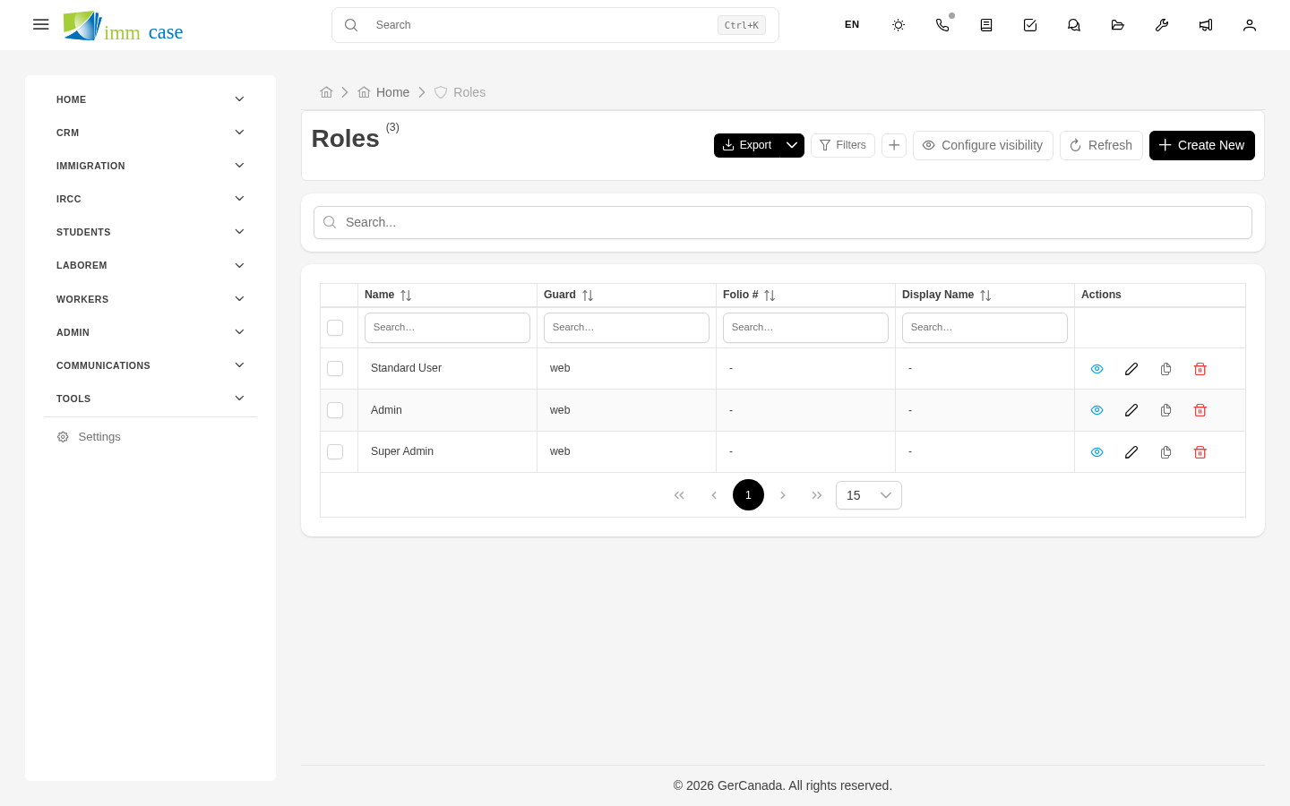 Screenshot: role hierarchy tree with parent/child relationships