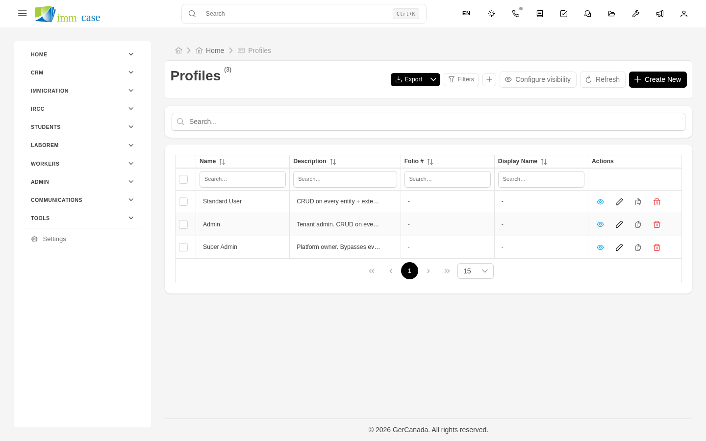 Screenshot: profile editor with permissions table by module
