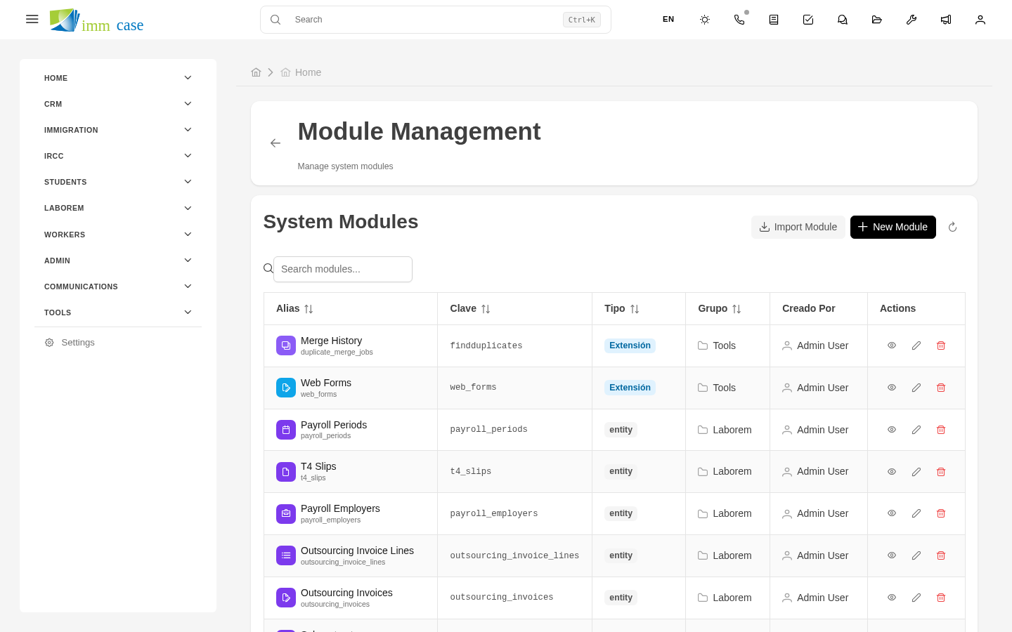 Screenshot: modules list with type, group, and status