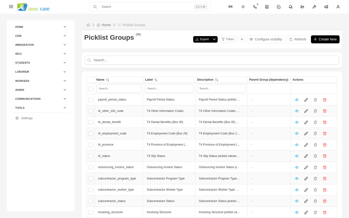 Screenshot: picklist group editor with listed options, color, and order