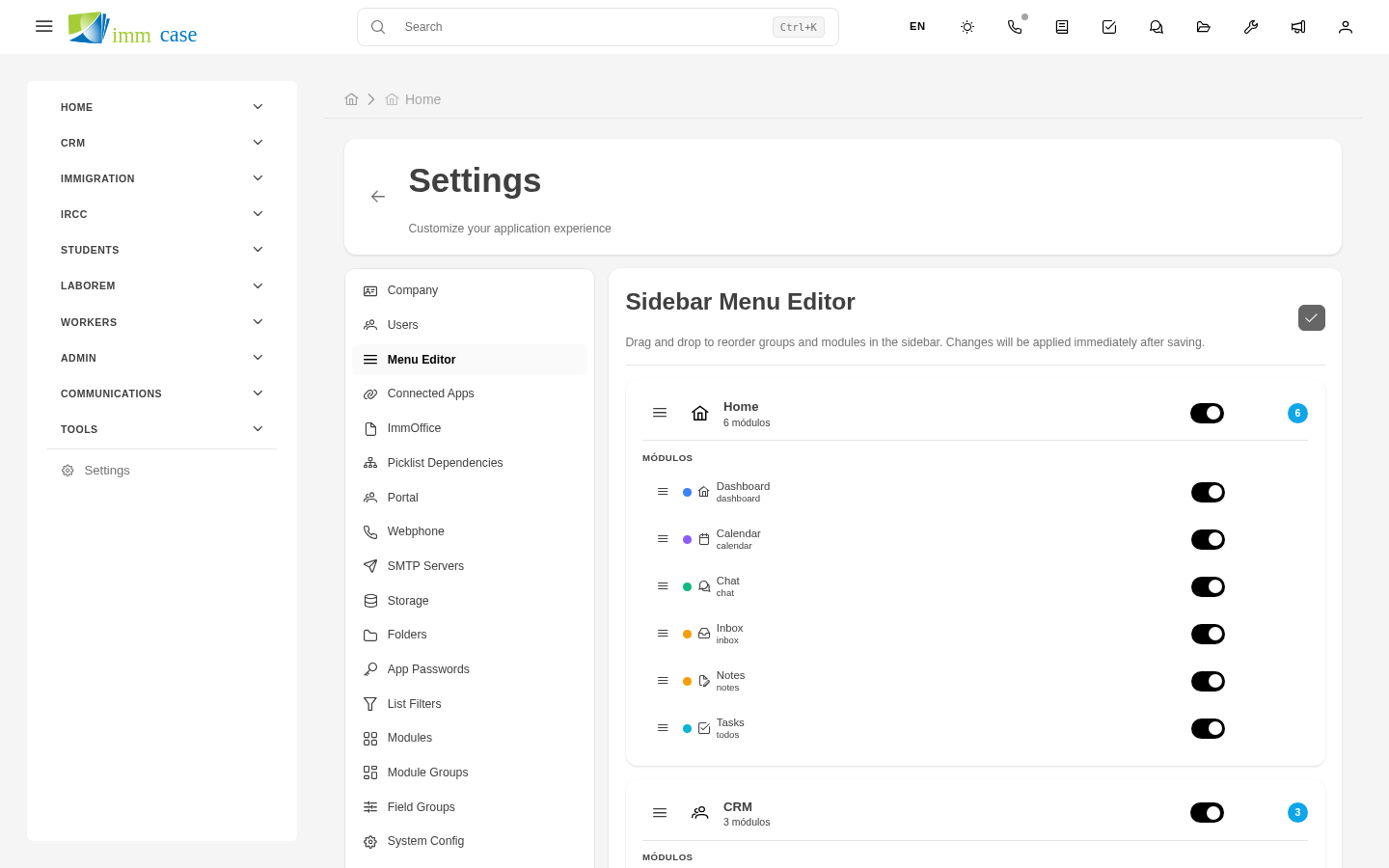 Screenshot: menu editor with tree of groups and modules, drag & drop options