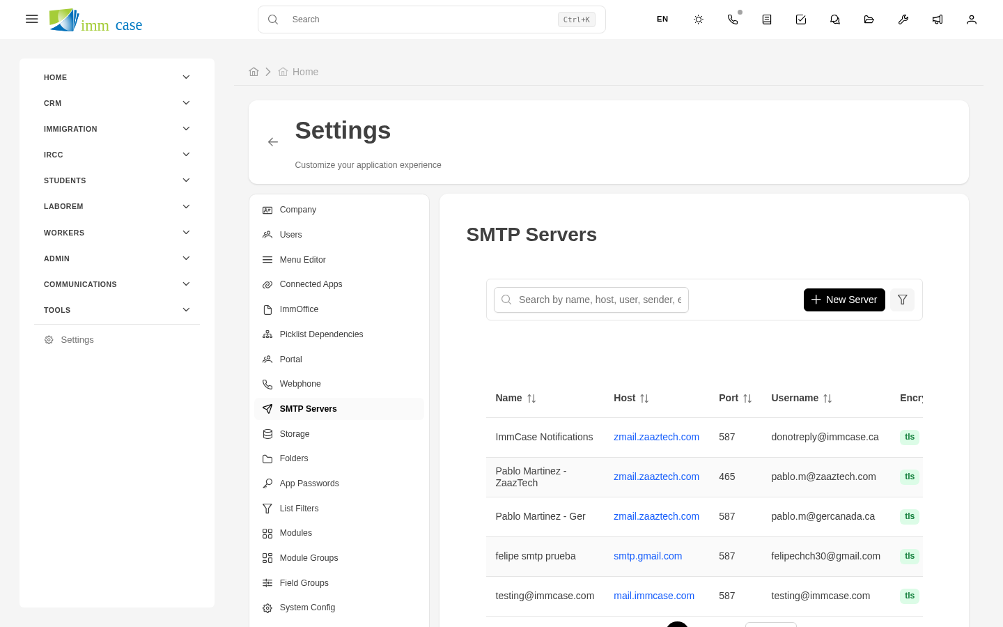 Screenshot: SMTP form with server, port, credentials, test connection fields