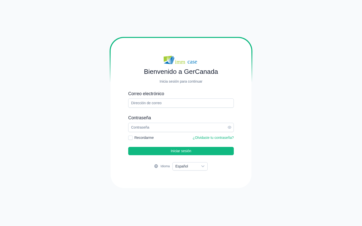 Screenshot: pantalla de inicio de sesión con campos de correo y contraseña, selector de idioma abajo
