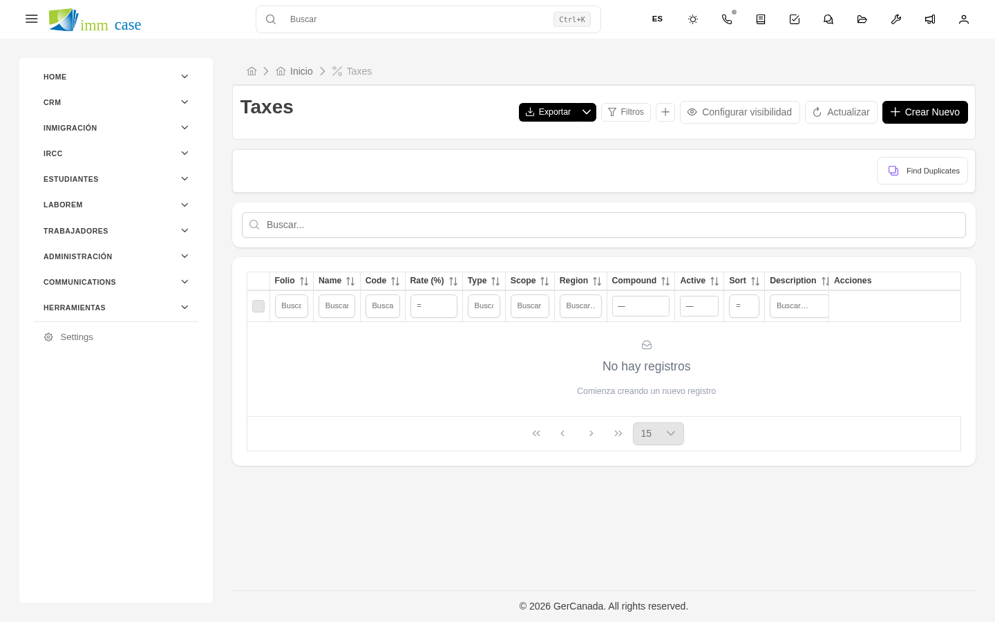 Screenshot: pie de presupuesto con subtotal, lista de impuestos aplicados y total