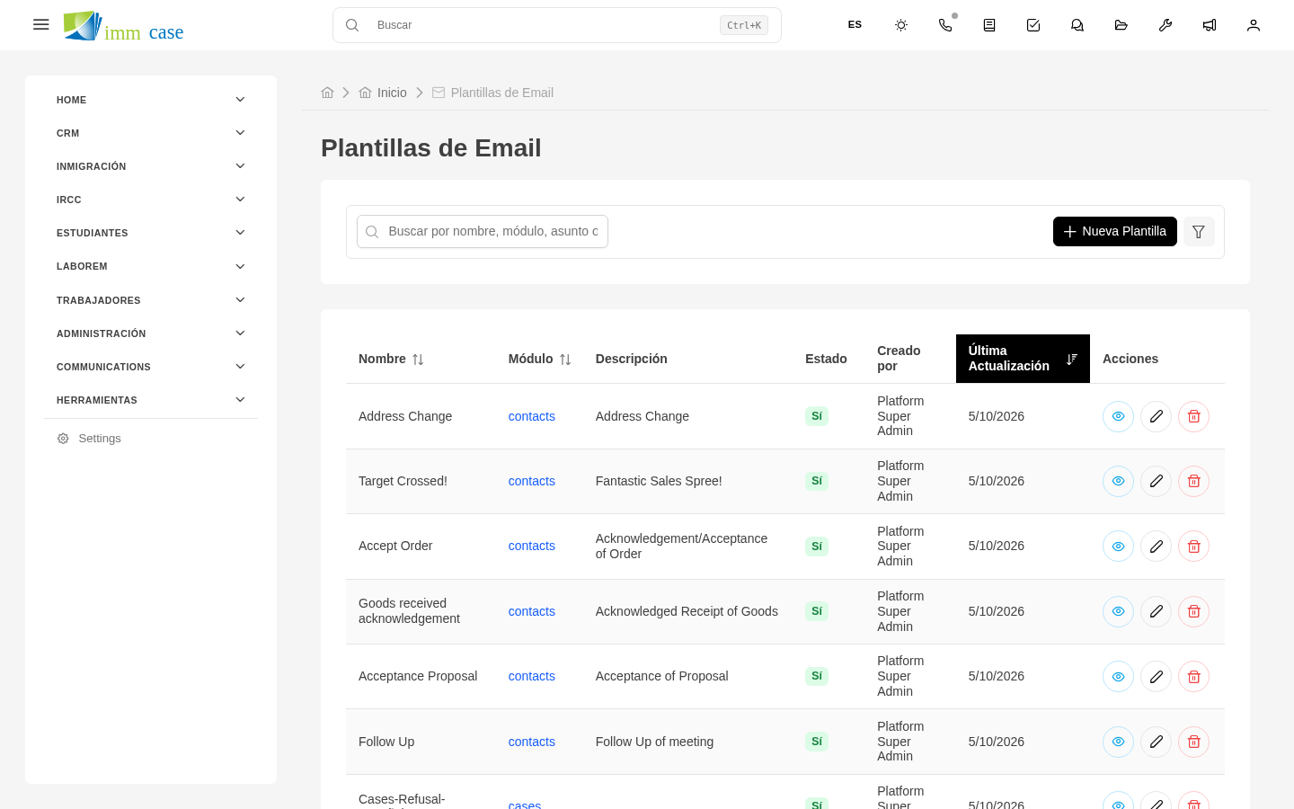 Screenshot: selector de plantilla en el editor de correo nuevo