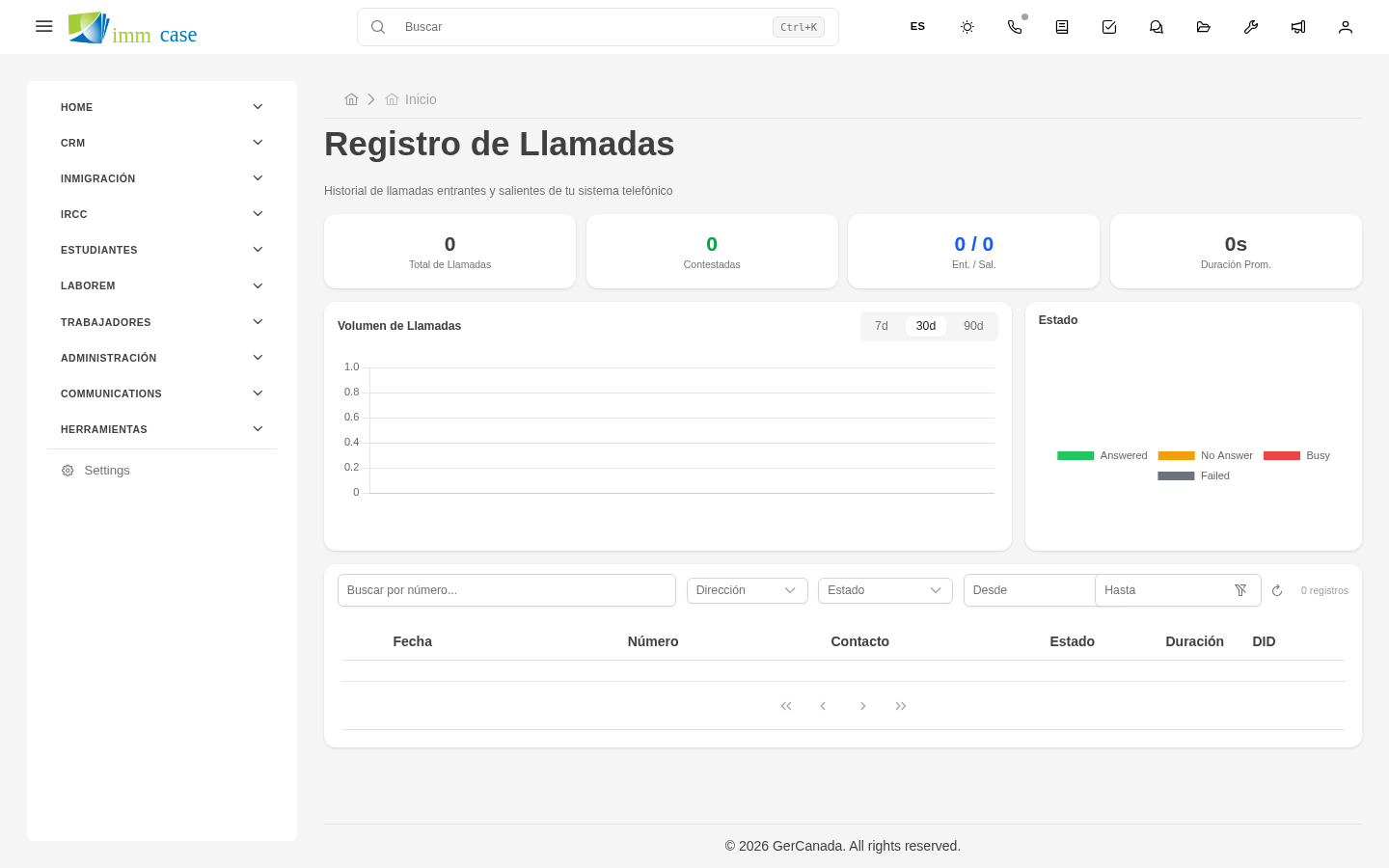 Screenshot: webphone con teclado numérico y lista de llamadas recientes