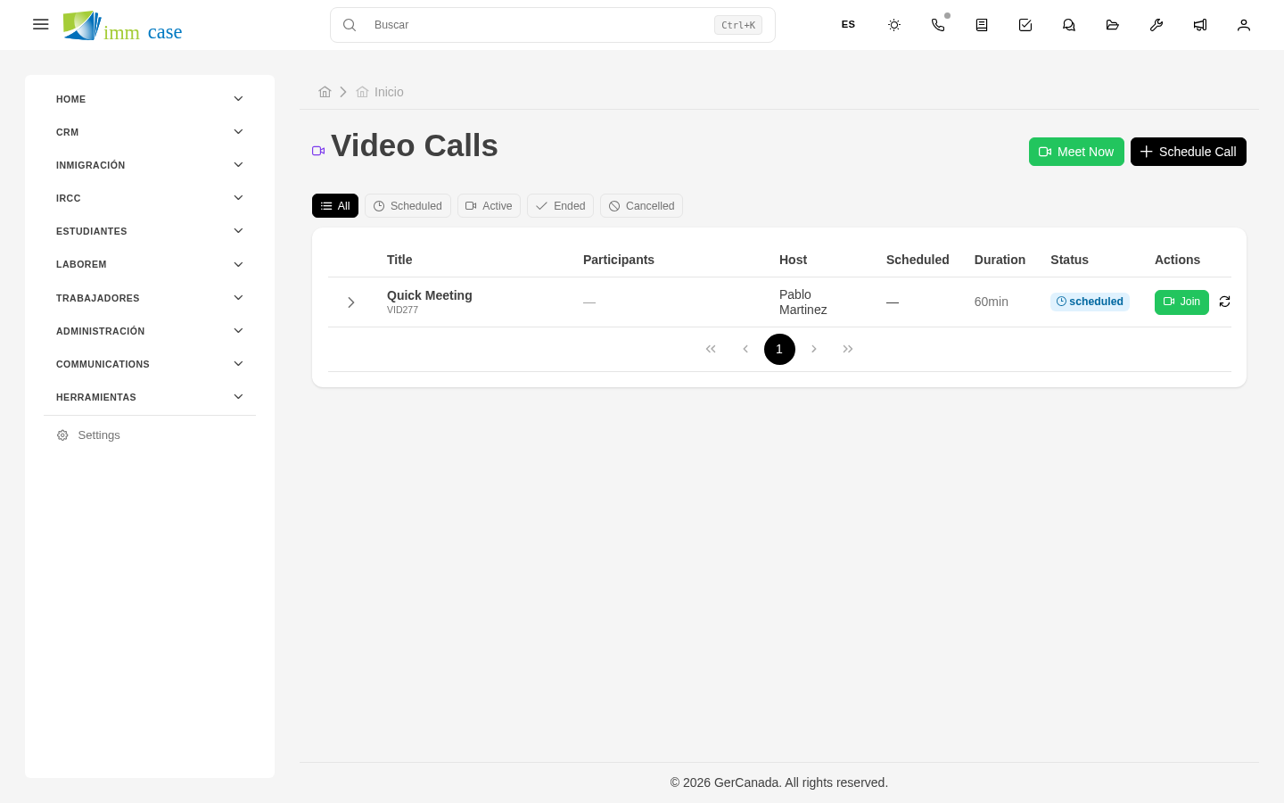 Screenshot: formulario de programar videollamada con campos y enlace generado