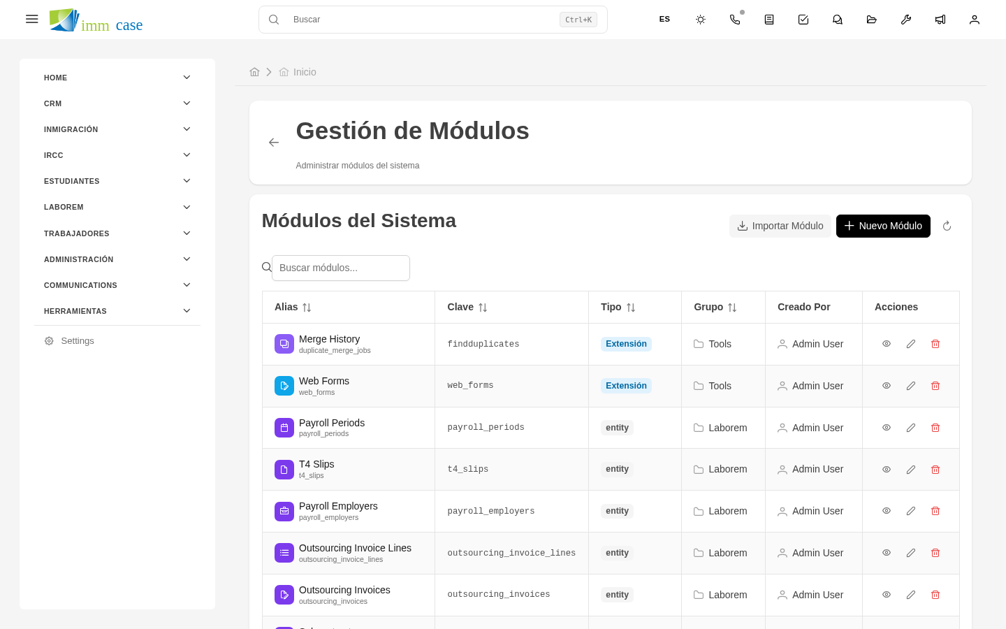 Screenshot: lista de módulos con tipo, grupo, y estado