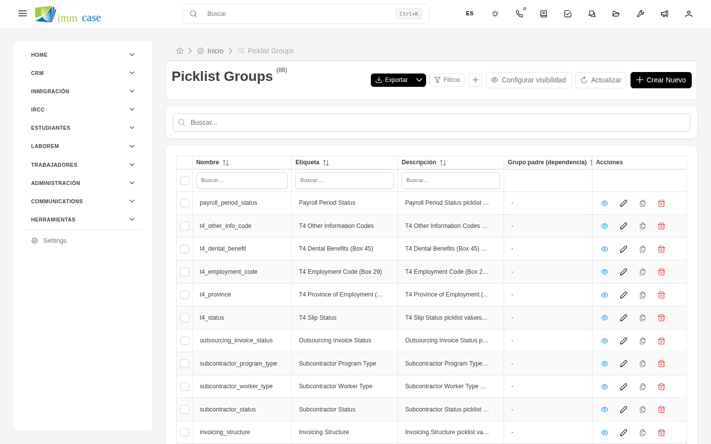 Screenshot: editor de grupo de picklist con opciones listadas, color y orden