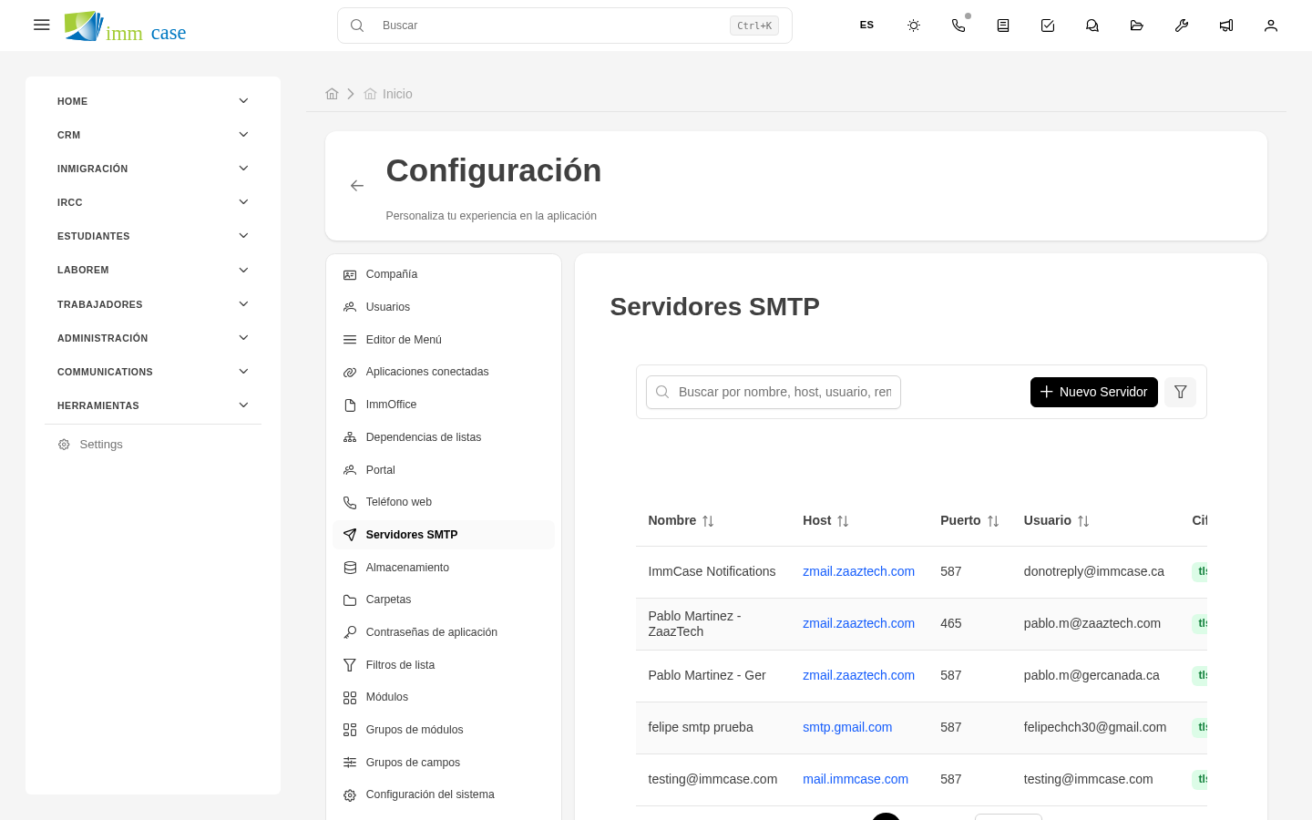 Screenshot: formulario SMTP con campos servidor, puerto, credenciales, prueba de conexión