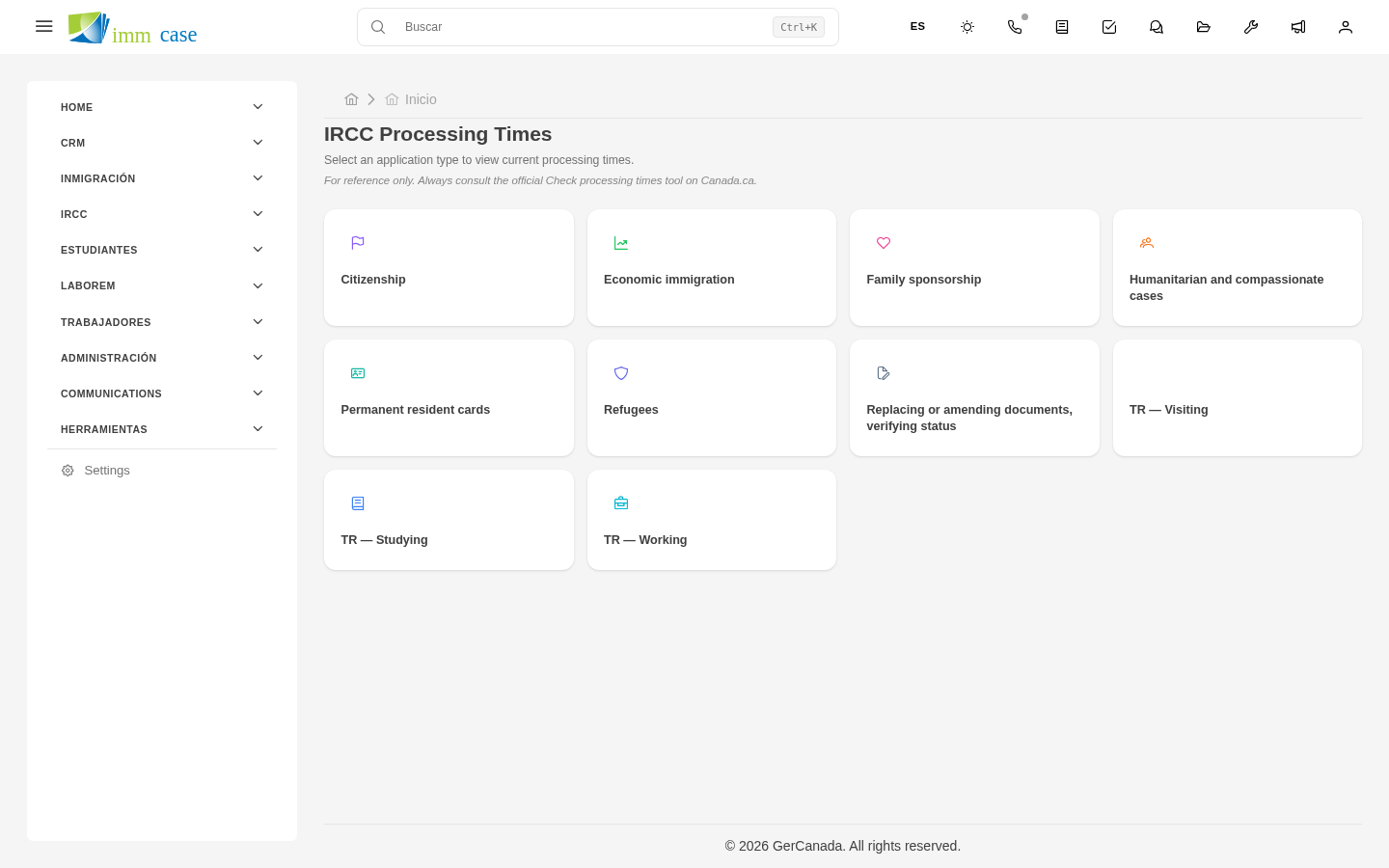 Screenshot: panel de configuración de integración IRCC con token y frecuencia