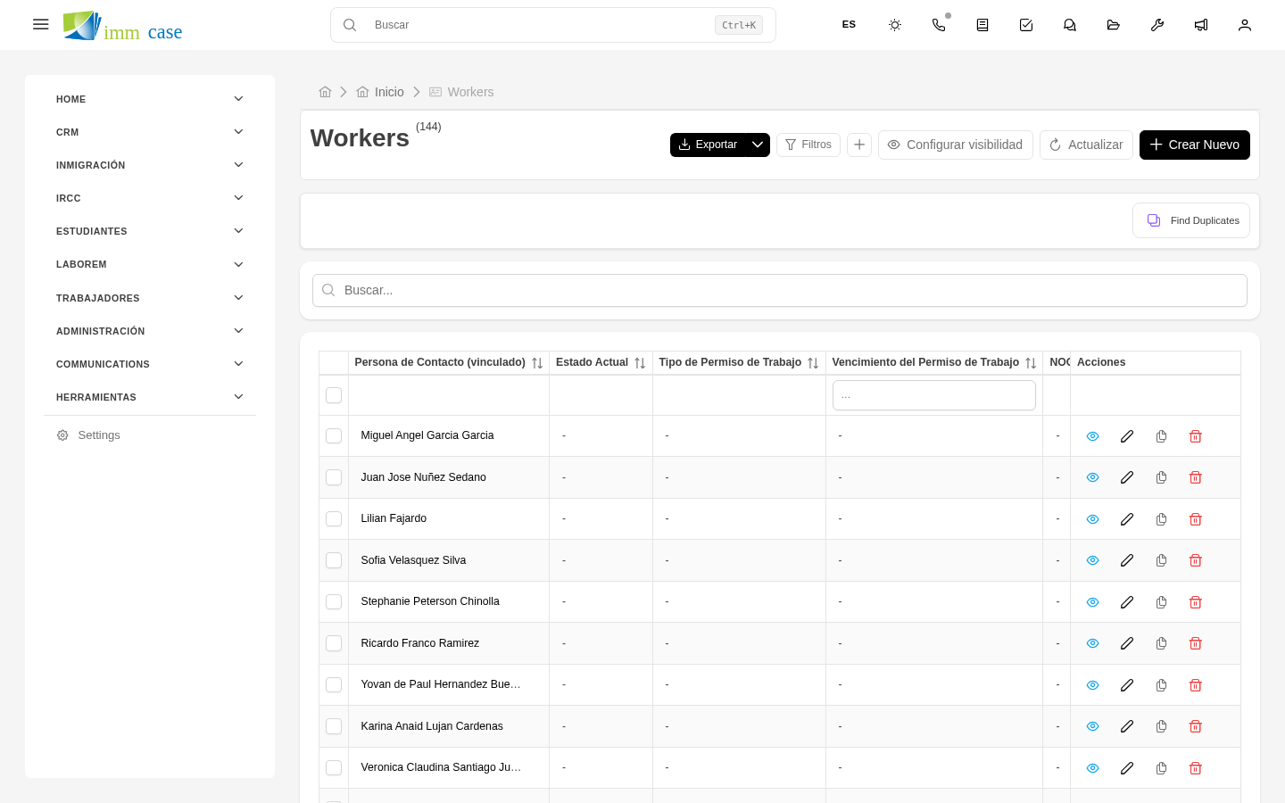 Screenshot: caso Workers con sección de Empleador y sección de Trabajador