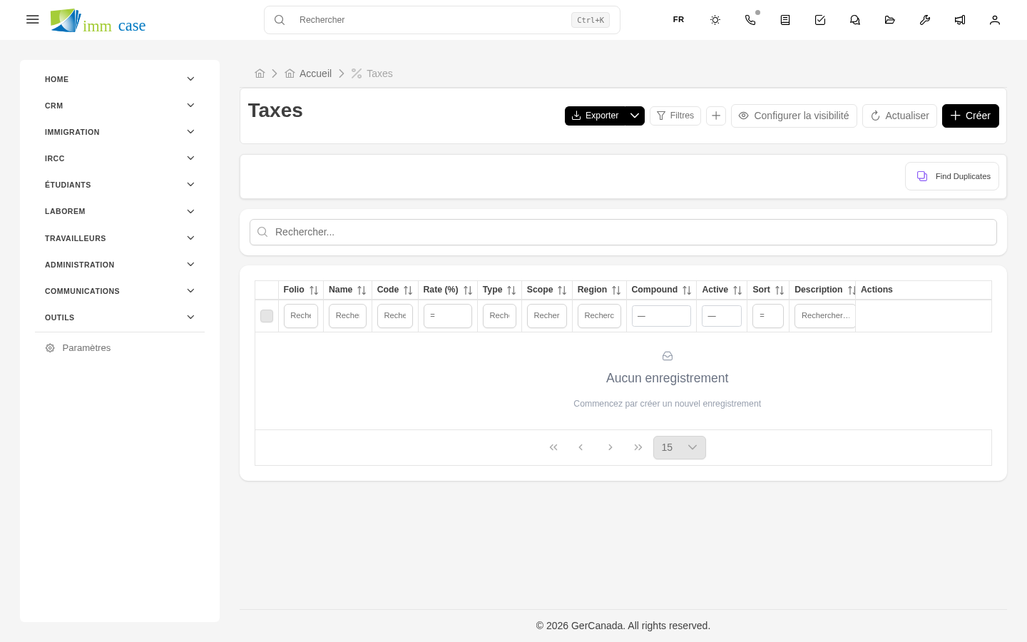 Capture d'écran : pied du devis avec sous-total, liste des taxes appliquées et total
