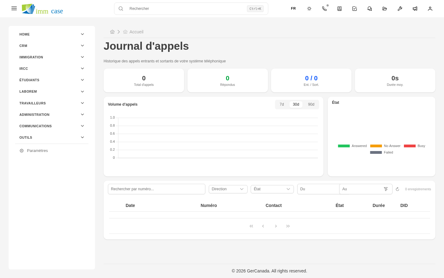 Capture d'écran : téléphonie Web avec clavier numérique et liste des appels récents