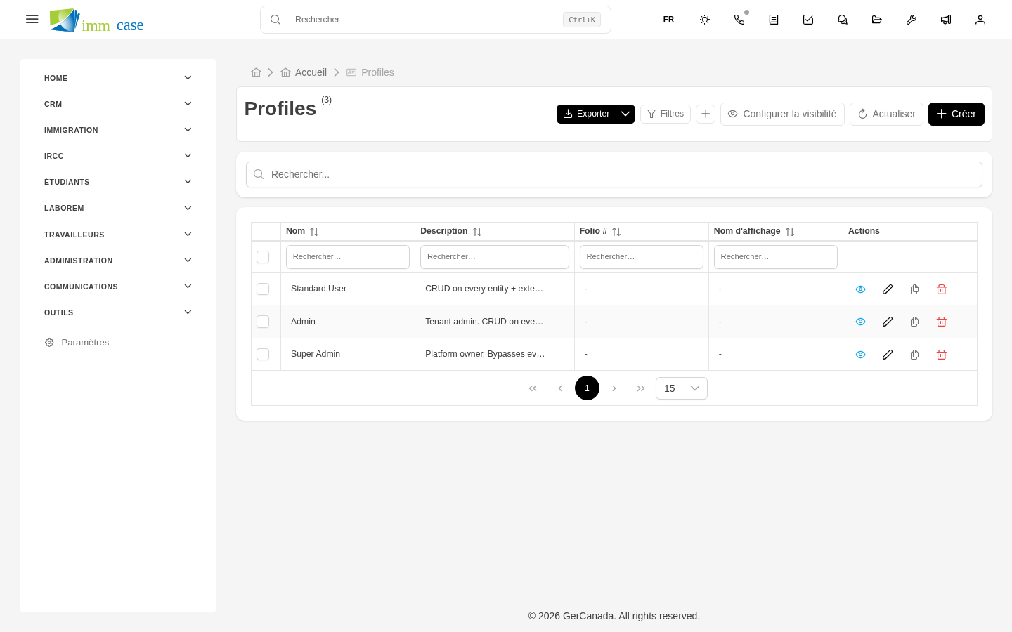 Capture d'écran : éditeur de profil avec tableau des permissions par module