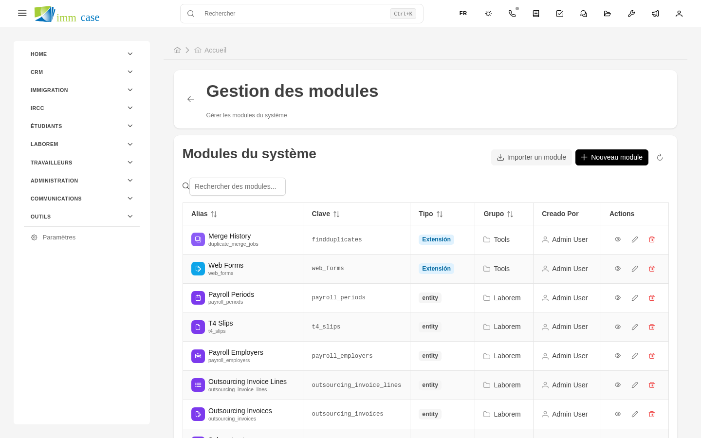 Capture d'écran : liste des modules avec type, groupe et statut