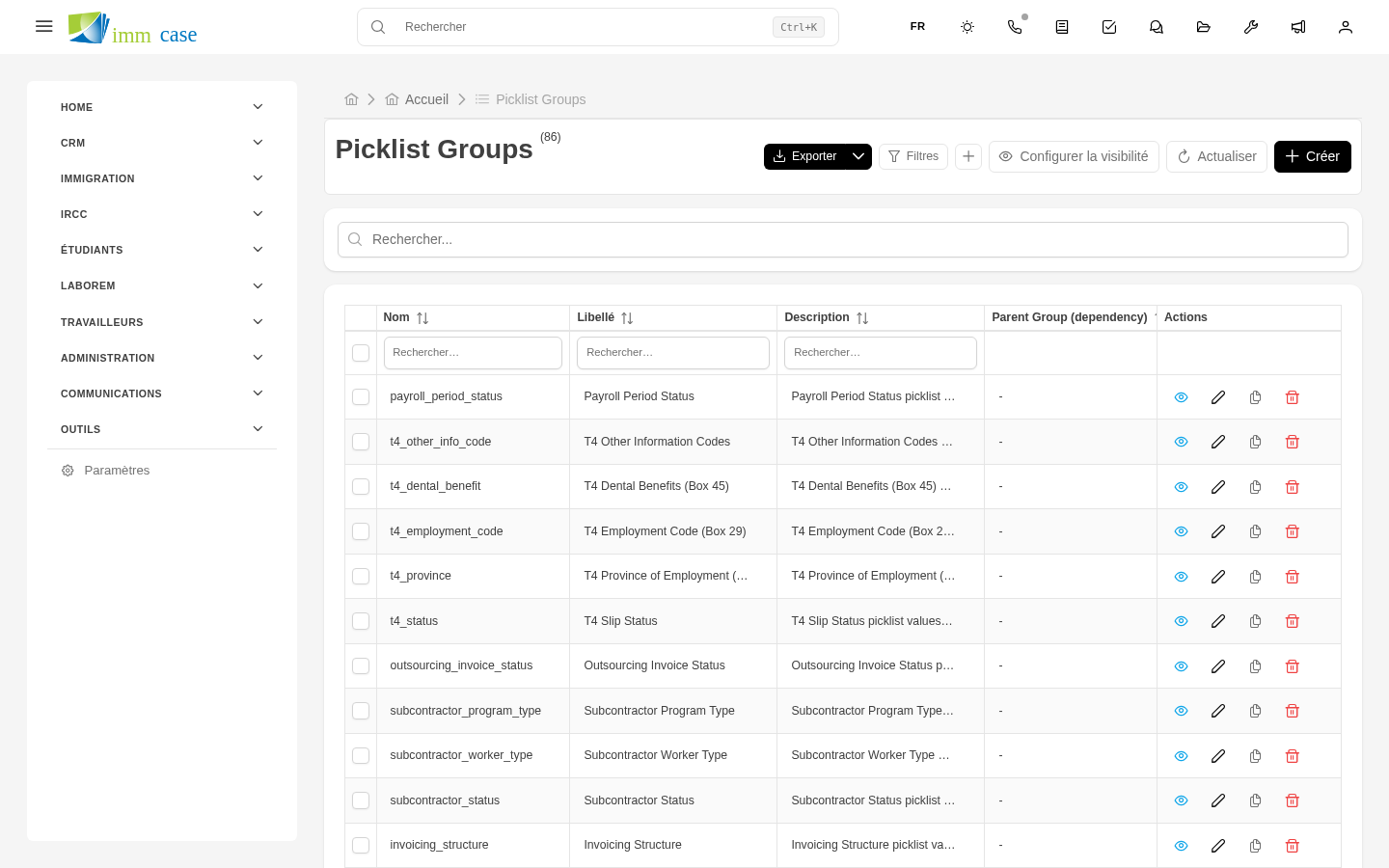 Capture d'écran : éditeur de groupe de liste déroulante avec options listées, couleur et ordre