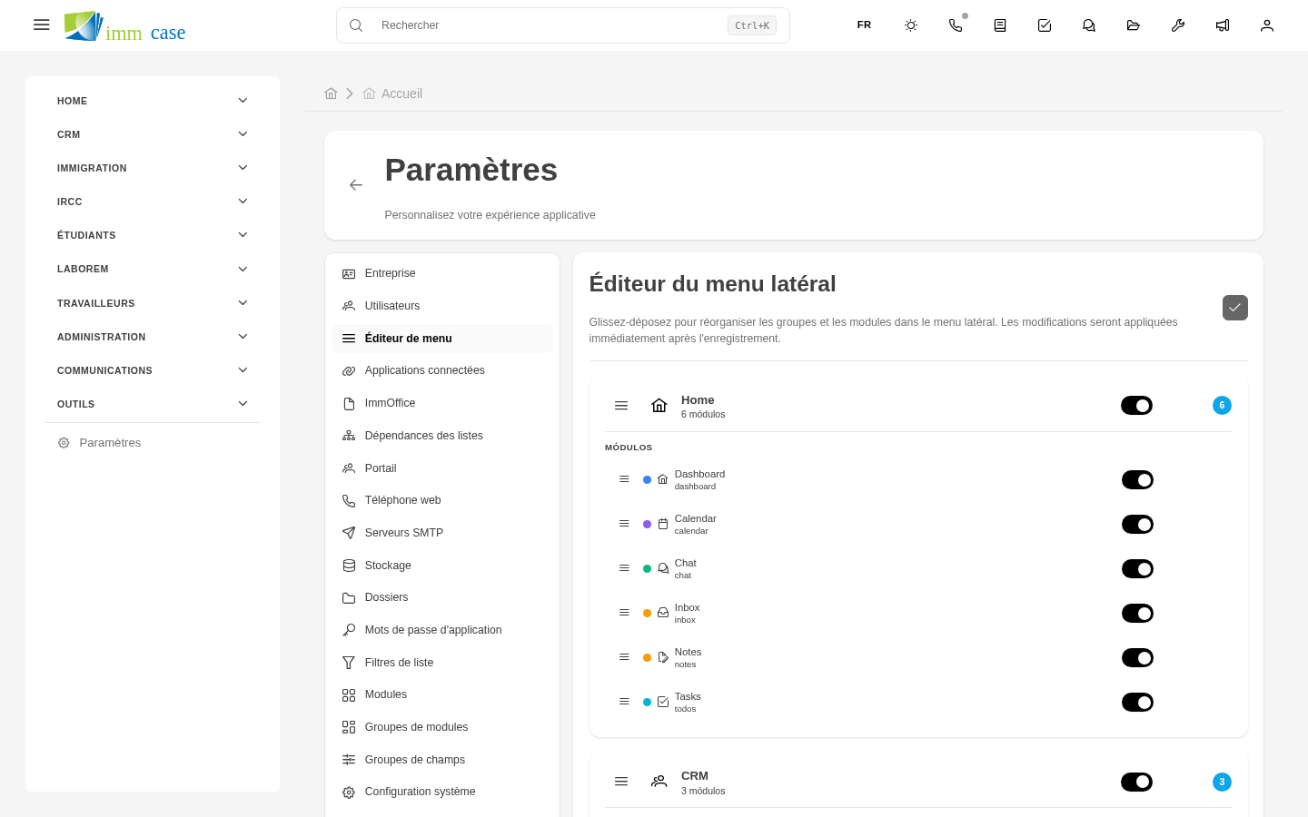 Capture d'écran : éditeur de menu avec arbre de groupes et modules, options glisser-déposer