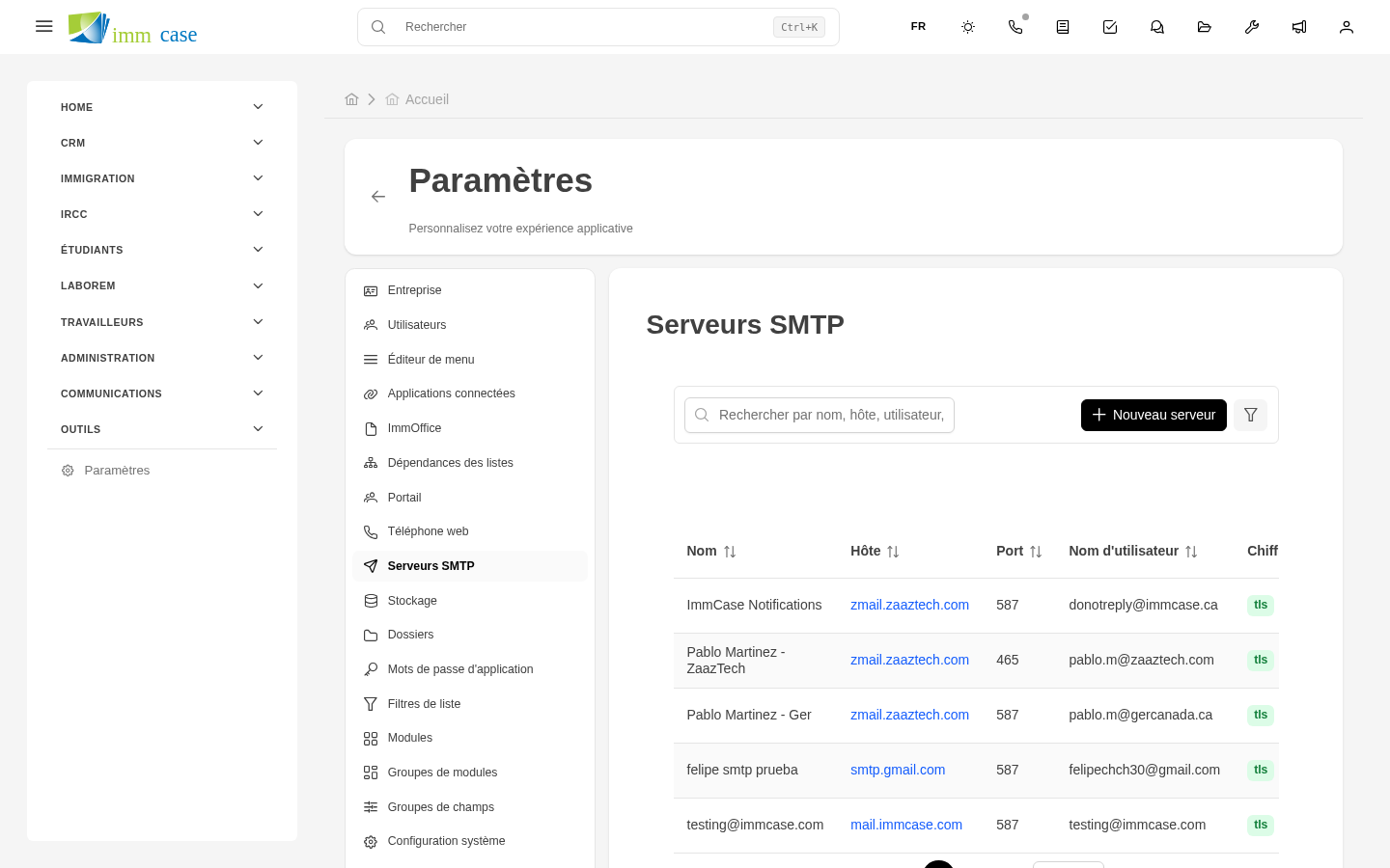 Capture d'écran : formulaire SMTP avec champs serveur, port, identifiants, test de connexion