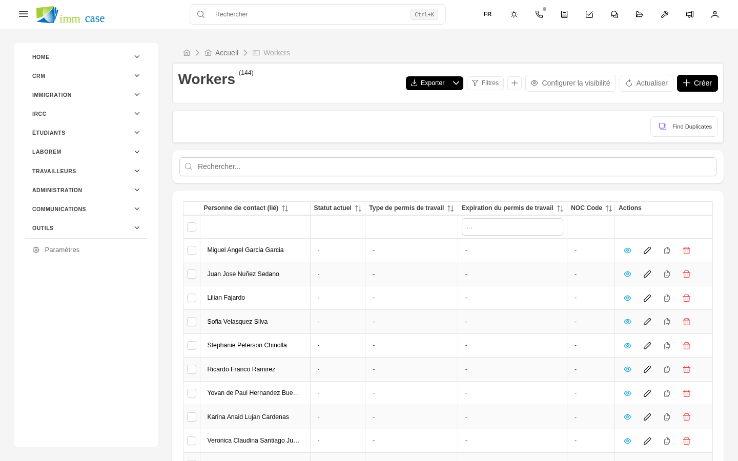 Capture d'écran : dossier Workers avec section Employeur et section Travailleur